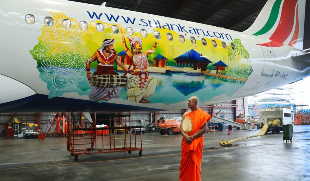 Sri Lankan Airlines aircraft featuring cultural livery inspired by Sri Lankan heritage and Navam Perahera